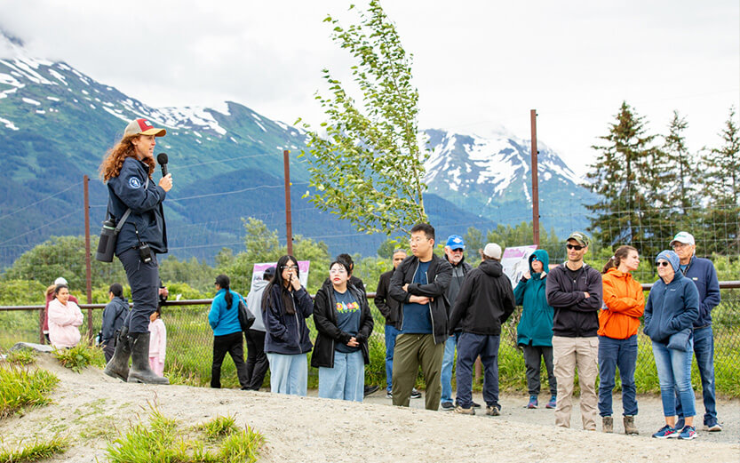 An educational presentation taking place at the Alaska Wildlife Conservation Center in Portage, Alaska