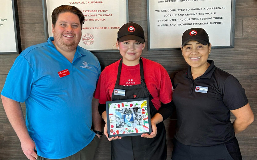 a man in a Boys & Girls Club polo shirt with a teen and manager wearing Panda Express uniforms
