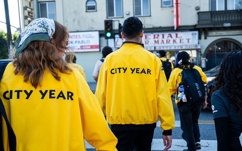 City Year corps members walking in Los Angeles
