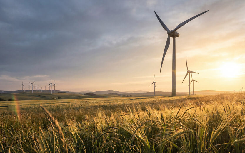 wind turbines in a field at sunset