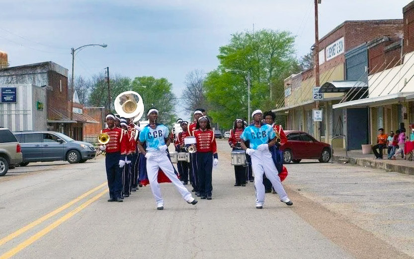 marching band down a small town main street