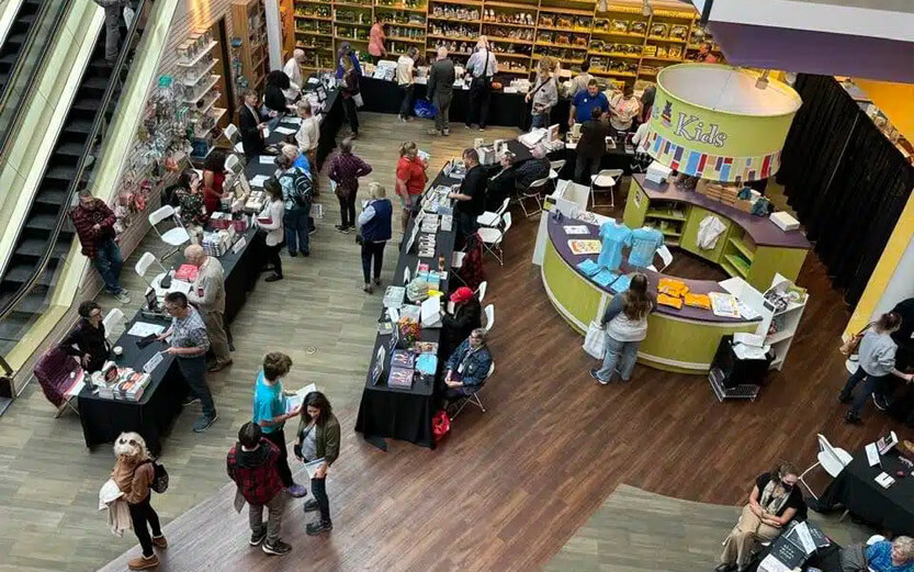 overhead view of an event at a library