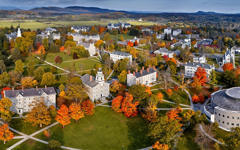 drone view of the college campus in fall