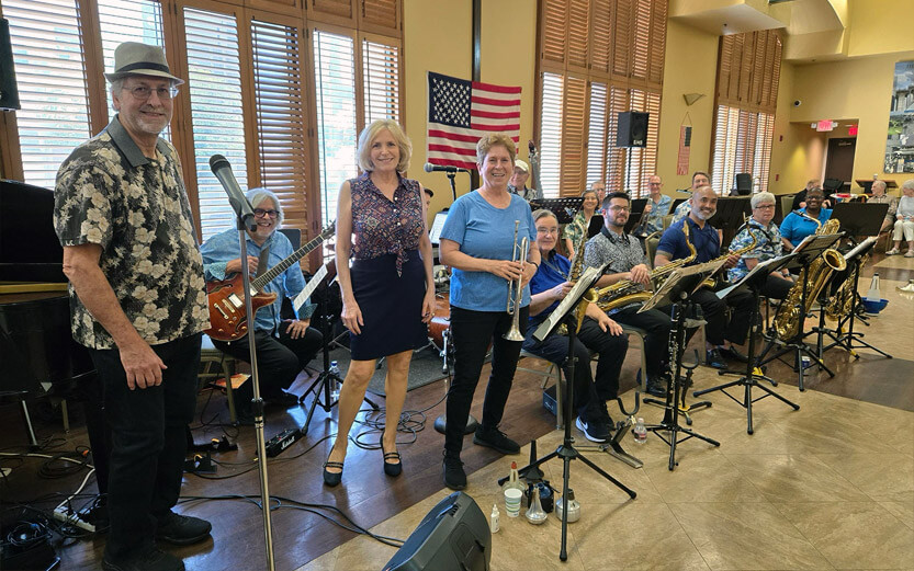 a band performs at a senior center