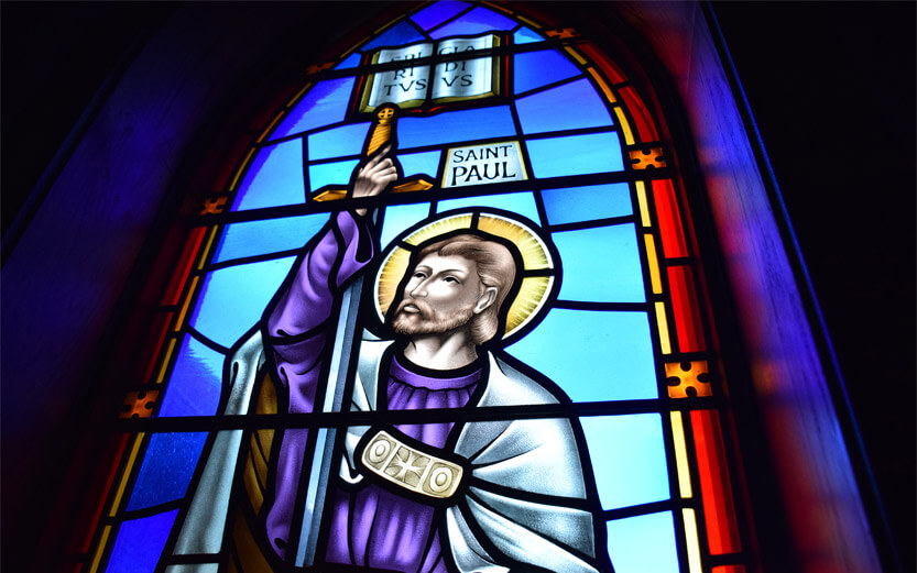 stained glass window with Saint Paul as the subject