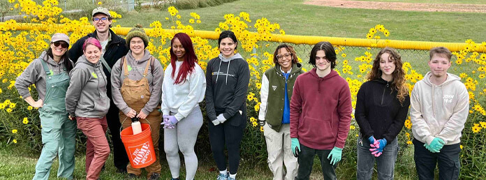 group of volunteers in front of yellow wildflowers