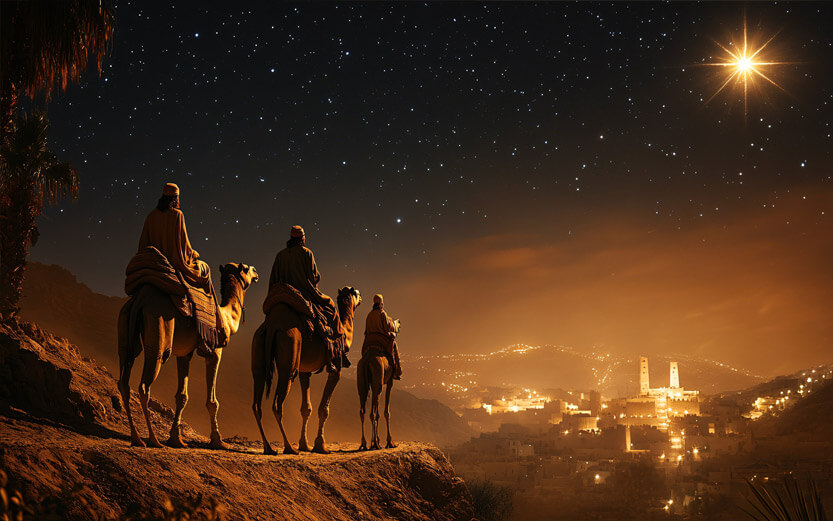 an AI depiction of three wise men traveling on camel back to witness the birth of Jesus