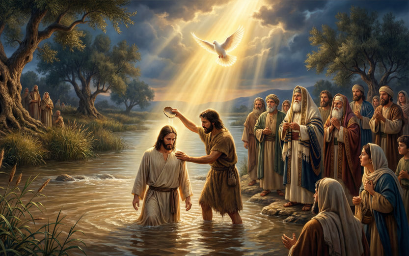 an AI depiction of Jesus being baptized as a dove flies above and people look on