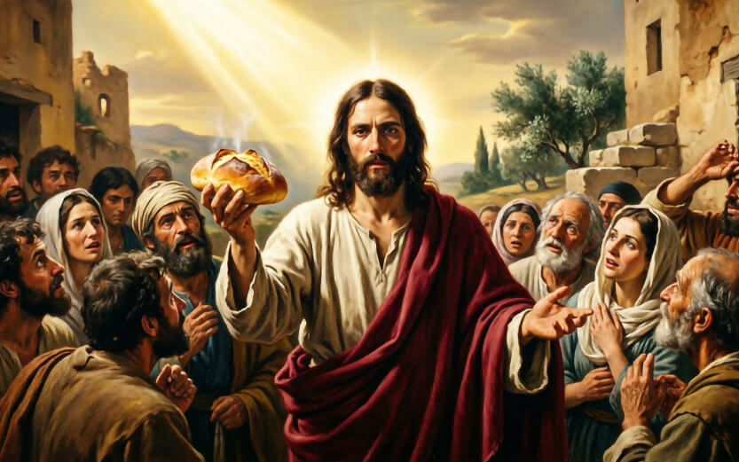 an AI depiction of Jesus holding a loaf of bread that he will multiply to feed multitudes of people