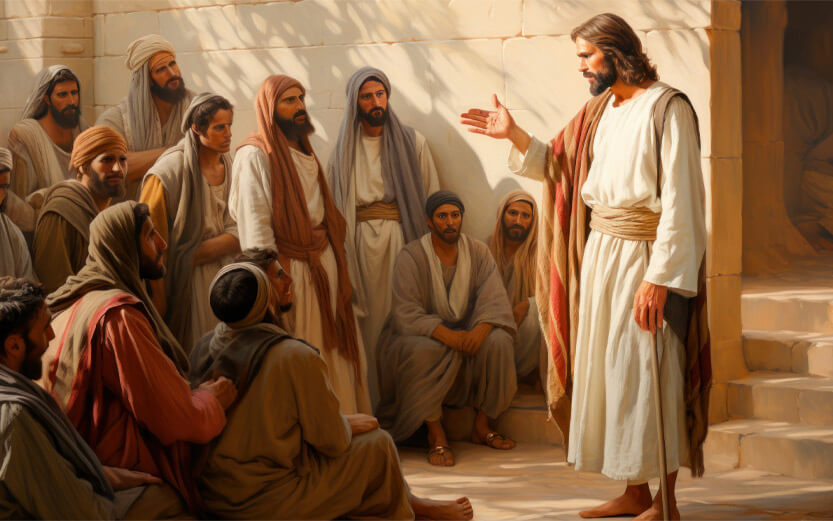 an AI depiction of Jesus talking to a gropu of men