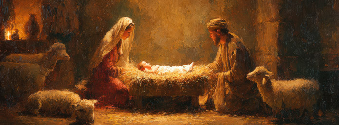 an AI depiction of baby Jesus in a manger as Mary and Joseph look on