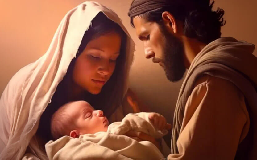 an illustration of Mary, Joseph and baby Jesus