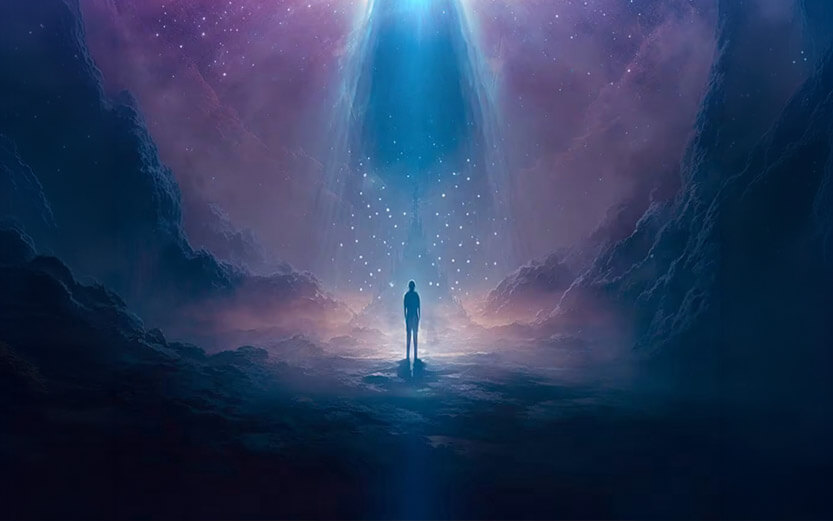 an illustration of a silhouette of a person with a cosmic background of purple clouds and a column of blue light