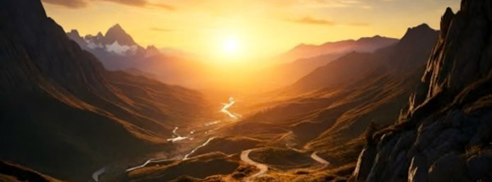 an illustration of a path leading into the sunset