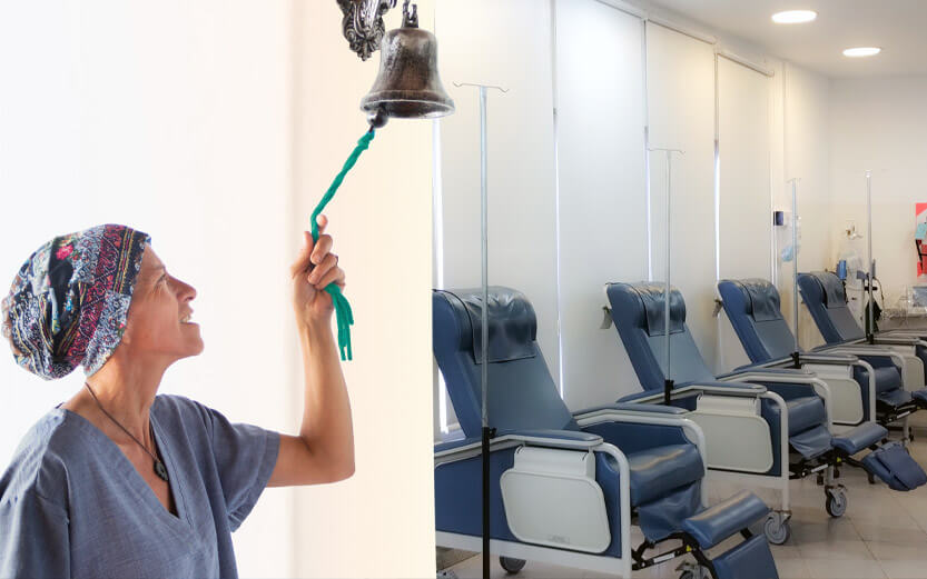 a cancer patient ringing a bell signaling her final chemotherapy treatment