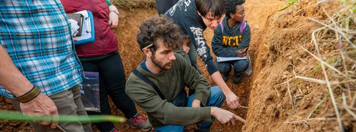 students in a trench analyzing earth