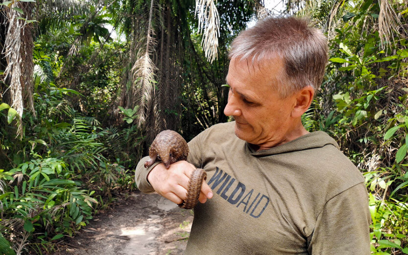 WildAid founder holding a baby pangolin