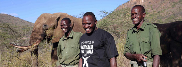 three conservationists in Africa with an elephant nearby