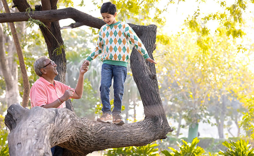 a boy standing on a limb tree next to an older man